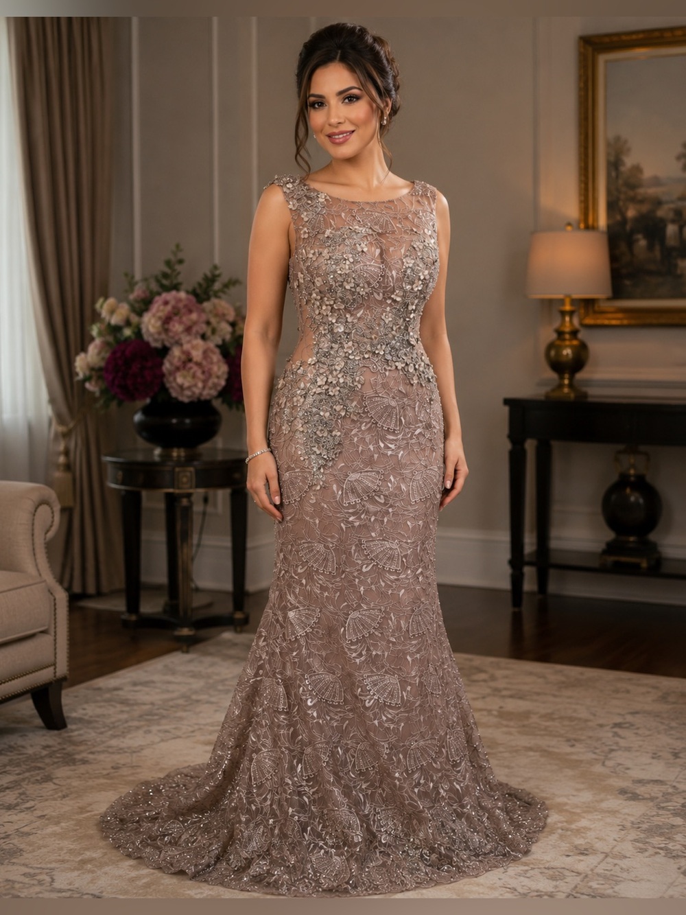 Embellished Taupe Evening Gown - Elegant Lace & Beaded dress